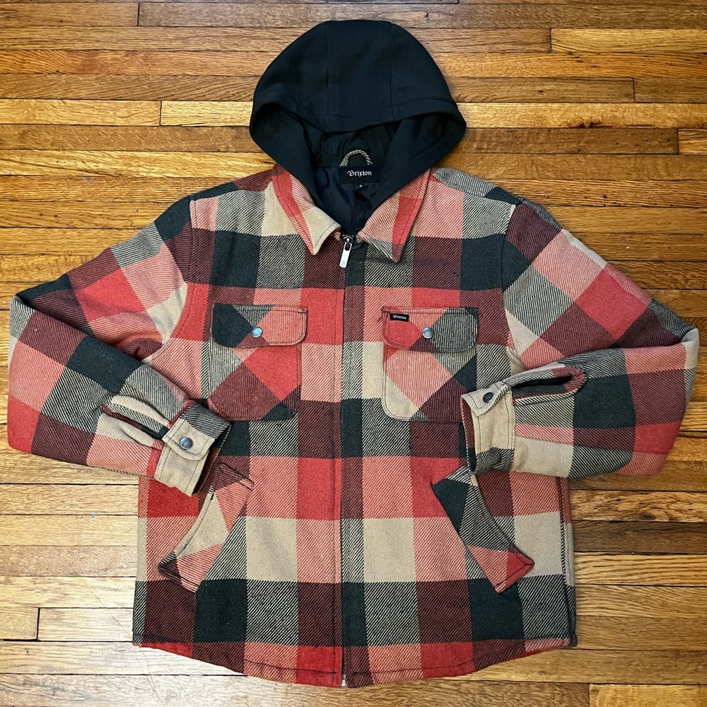 Brixton Bowery Black Red And Tan Plaid Hooded Flannel Jacket Size Men’s Small